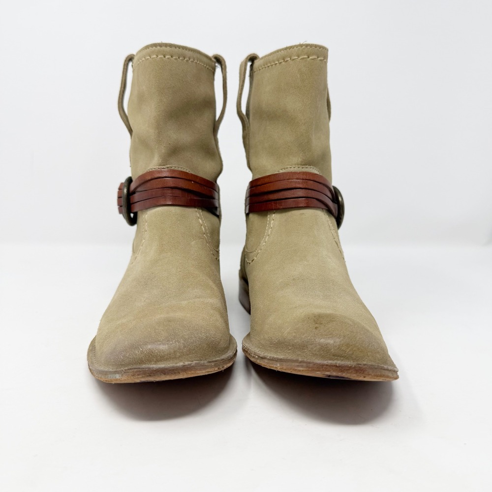 Frye Harness Suede Short Ankle Boots Beige‎ Tan Leather Straps 7.5 - Picture 12 of 14